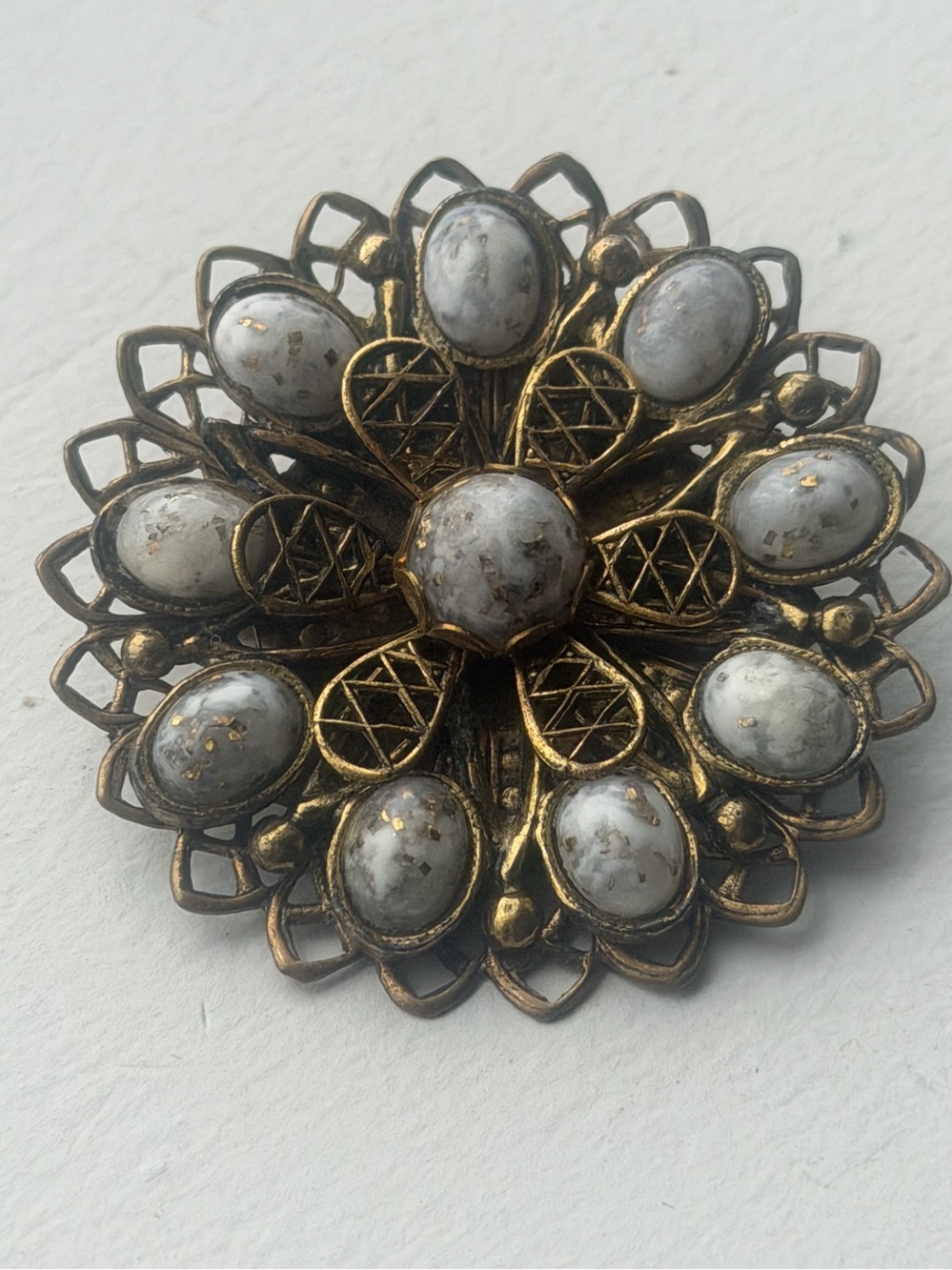 Vintage Gold Tone Filigree Floral Brooch White Confetti Cabochon Pin Mid Century